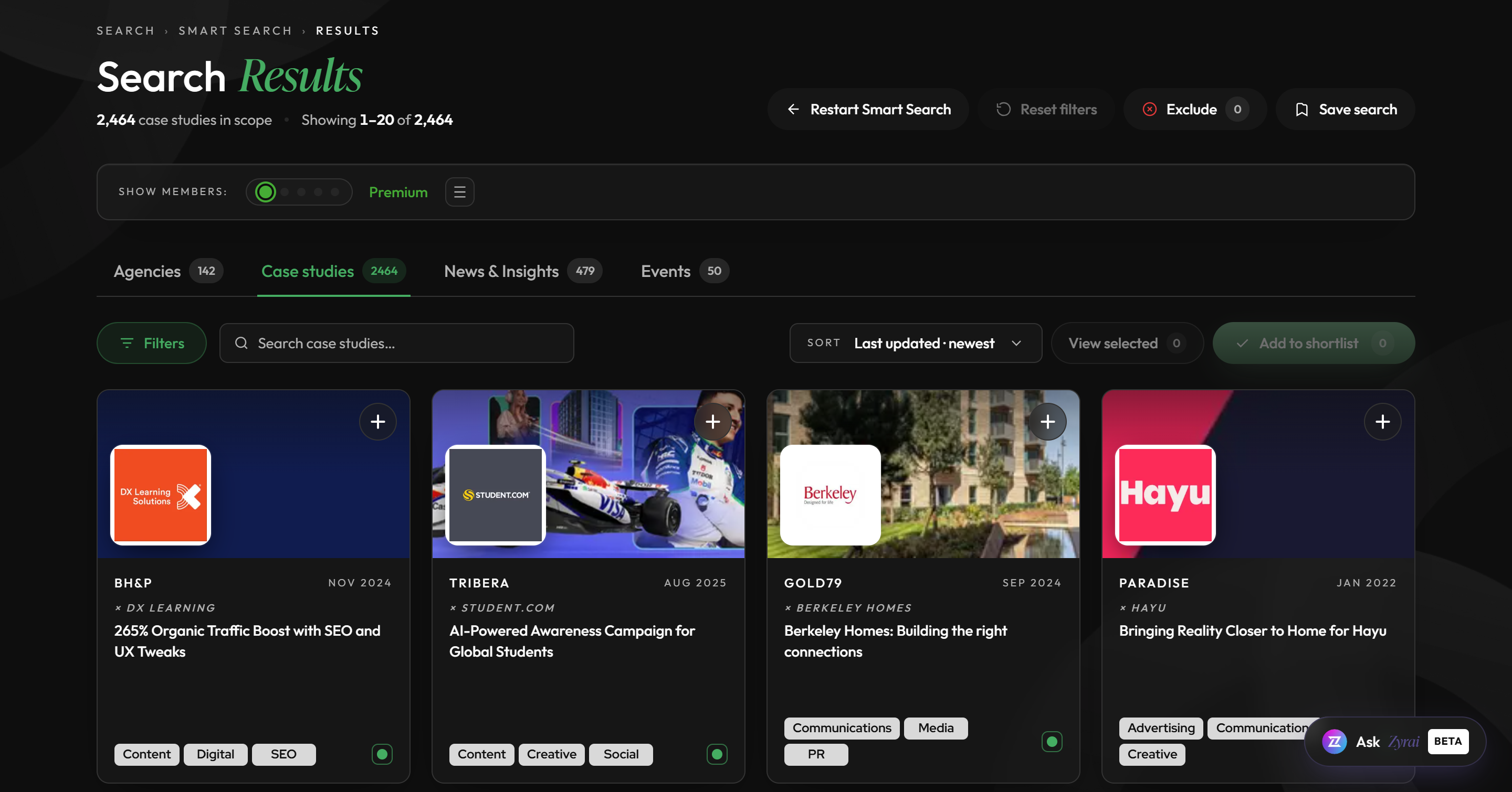 Case study search results in The GO Network Platform, showing agency work for Student.com, Berkeley Homes and Hayu with outcomes and discipline tags.