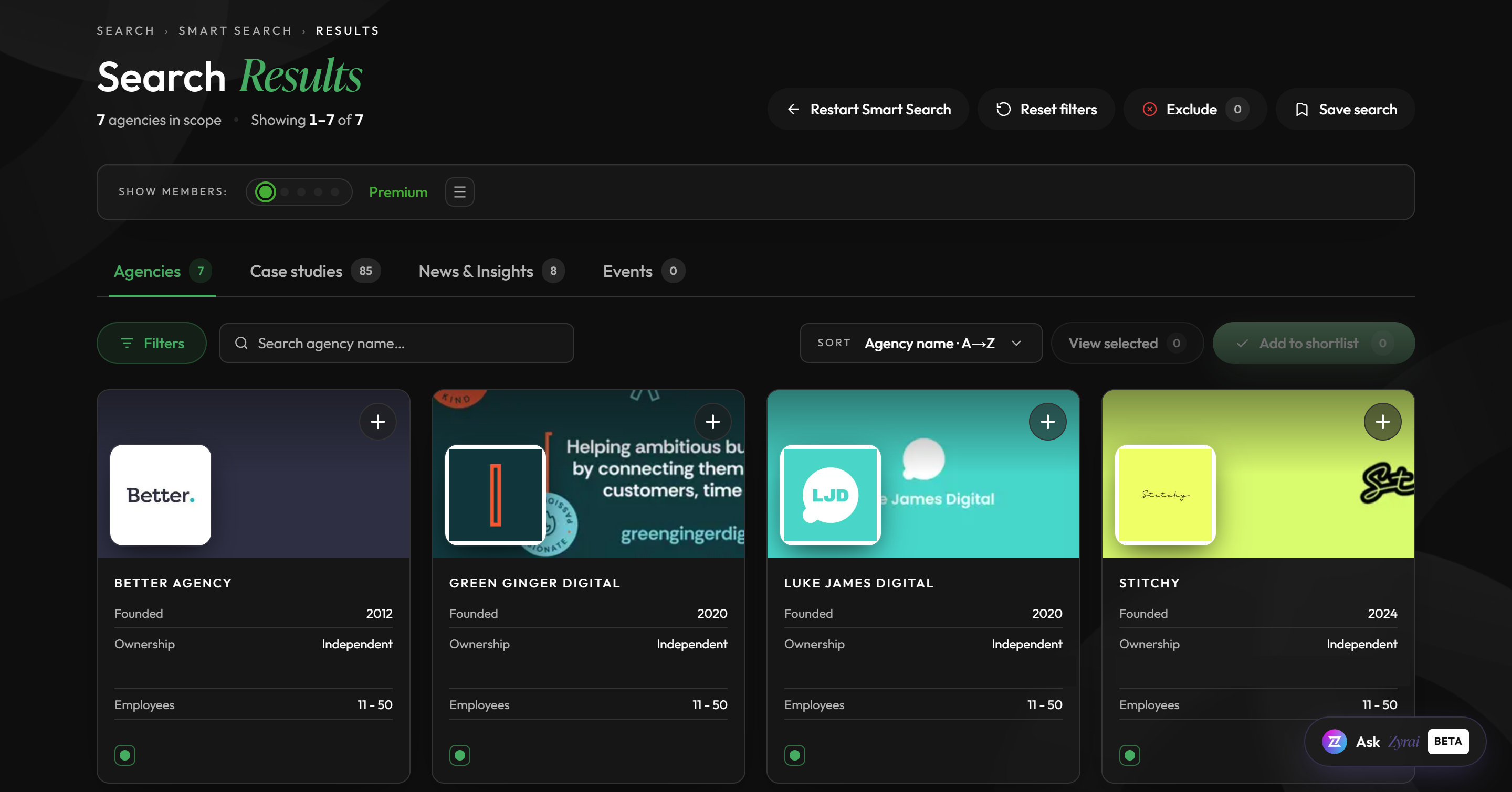 Agency search results in The GO Network Platform, showing four matching agencies with their founding year, ownership and size.