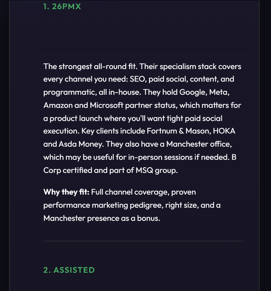 Zyrai reading a brief inside The GO Network Platform and returning a ranked shortlist of agencies with written reasoning for each.